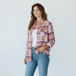 2/$30 CAbi Button Down Colorful Plaid Blouse Top Long Sleeve SZ M